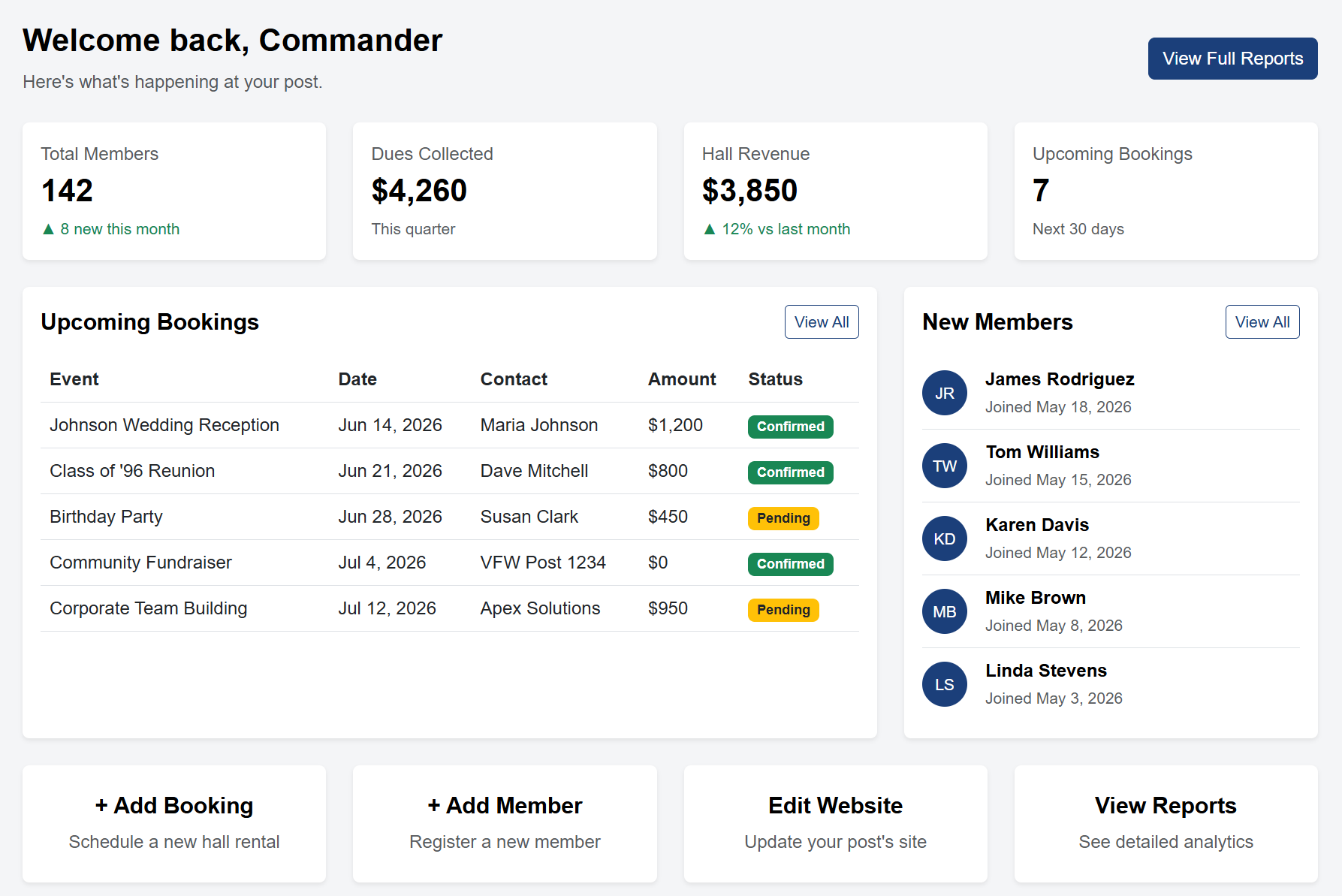 Grow My Post dashboard showing post stats and upcoming bookings